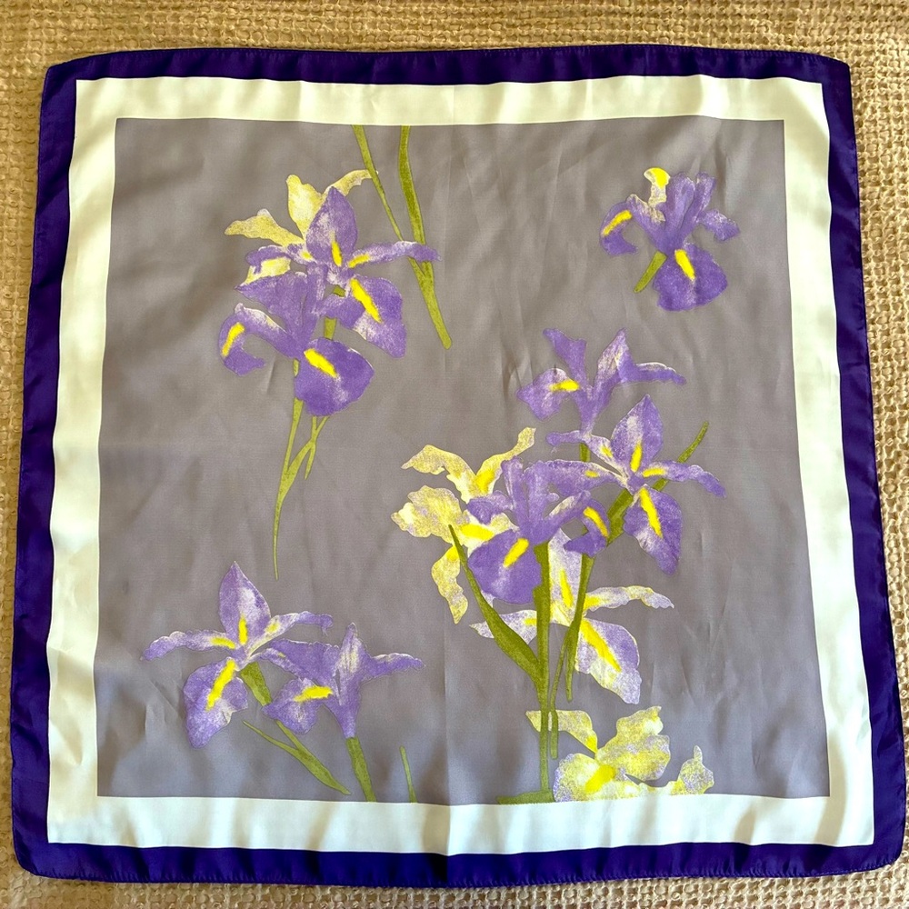 Floral Scarf with Purple Iris Design, Elegant Accessory